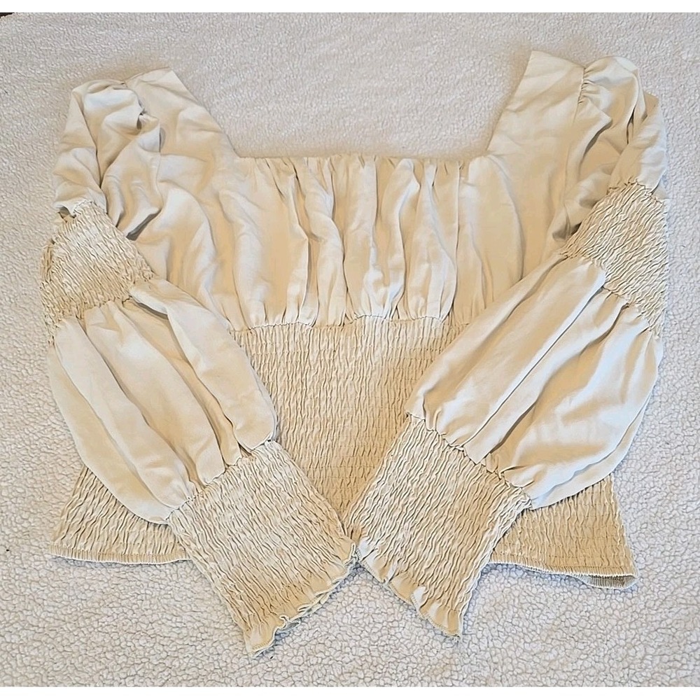 Outrageous Fortune Beige Long Sleeve Blouse Top Boho Peasant Fairy Smocked Sz 18